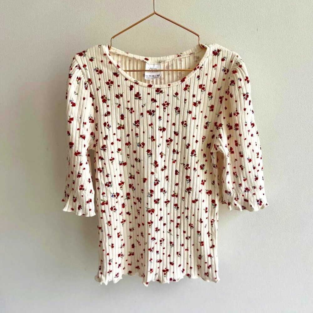 Zara Kids Ribbed Floral Printed 3/4 Sleeve Tee=Shirt